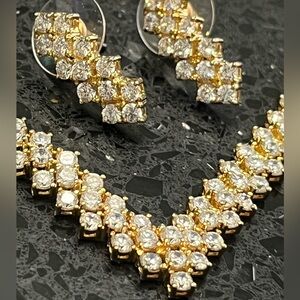 3-Row zig zag CZ statement tennis line ladies necklace drop earrings set Gold